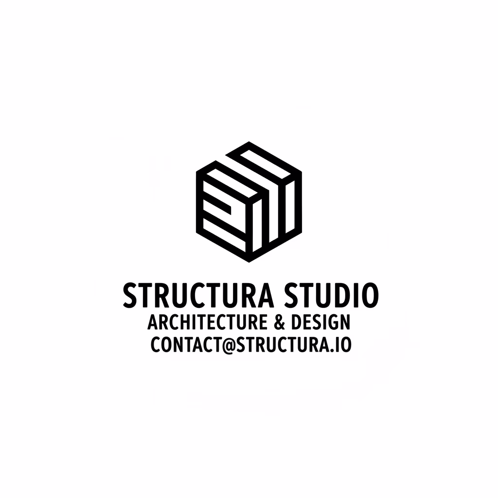 「[STRUCTURA STUDIO]」のためのオープン・スクエアレイアウトのロゴマークを作成し、モダンなスタンプマークとして使用します。\nテキストレイアウト：1行目に「[STRUCTURA STUDIO]」、2行目に「[ARCHITECTURE & DESIGN]」、下部に「[CONTACT@STRUCTURA.
