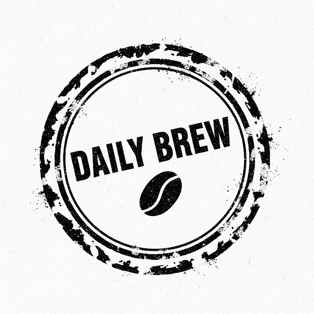 コーヒーショップのロゴスタンプをデザインしてください。\nテキスト：「[DAILY BREW]」、太字のグランジ風サンセリフ体。\nアイコン：[コーヒー豆のシルエット]。\n形状：[重厚で粗い外輪を持つ円形]。\n色：[黒]。\nスタイル：[無骨なカフェスタンプ]。\n背景：[完全な白]。