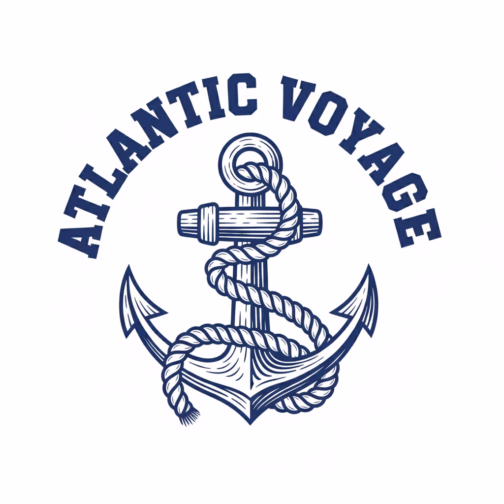 航海用エンブレムスタンプを作成してください。\nテキスト：「[ATLANTIC VOYAGE]」。\n中央：[ロープが絡み合った錨（いかり）の太い木版画風イラスト]。\nレイアウト：[テキストは上部にアーチ状に配置]。\n枠線なし。\n色：[ディープブルー]。\nスタイル：[木版画イラスト風]。\n背景：[完全な白]。