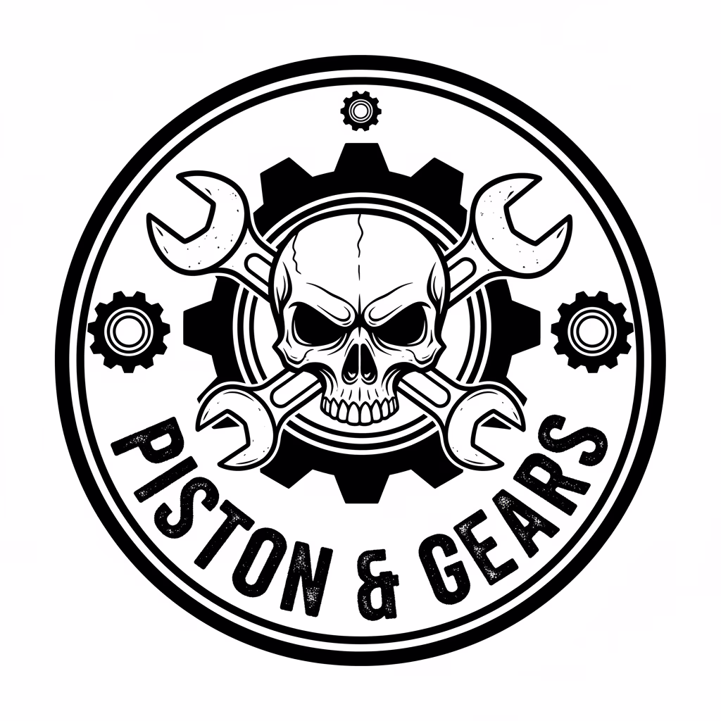 整備士ガレージのスタンプをデザインしてください。\nテキスト：「[PISTON & GEARS]」。\n中央：[太い機械の歯車とスカルの後ろにある2本の交差したレンチ]。\n色：[黒]。\nスタイル：[バイカーギャングのパッチスタイルをインクスタンプに変換したもの]。\n背景：[完全な白]。