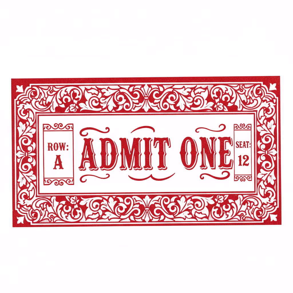ビンテージチケット風のスタンプを作成してください。\nテキスト：中央に装飾的なサーカスフォントで「[ADMIT ONE]」。\n詳細：両側の小さなボックス内に「[ROW: A]」、「[SEAT: 12]」。\n枠線：[厚みのある装飾的な模様の枠]。\n色：[クリムゾンレッド]。\nスタイル：[ビクトリア朝のチケットデザイン]。\n背景：[完全な白]。