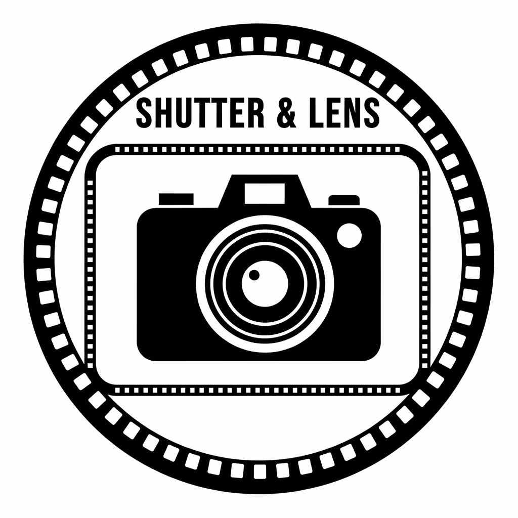 写真スタジオのスタンプをデザインしてください。\nテキスト：「[SHUTTER & LENS]」。\n中央：[簡略化された高コントラストのビンテージフィルムカメラのアイコン]。\n枠線：[フィルムのパーフォレーション（穴）模様の枠]。\n色：[黒]。\nスタイル：[フラットなグリフアイコン]。\n背景：[完全な白]。