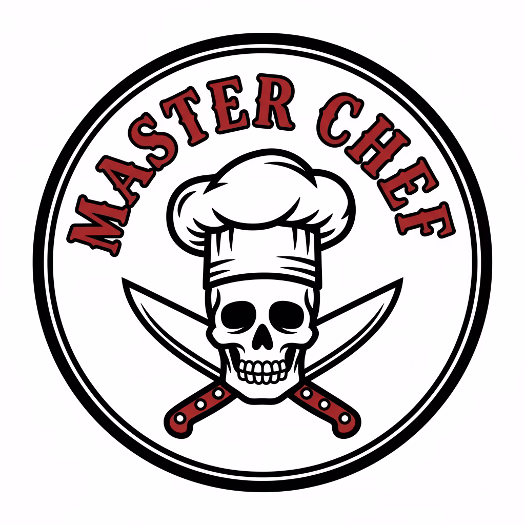 料理用スタンプをデザインしてください。\nテキスト：上部に「[MASTER CHEF]」。\n中央：[コック帽をかぶり、背景に交差したナイフがあるスカル（頭蓋骨）の様式化されたアイコン]。\n色：[深紅]。\nスタイル：[オールドスクールタトゥー/ベクターアイコン]。\n背景：[完全な白]。
