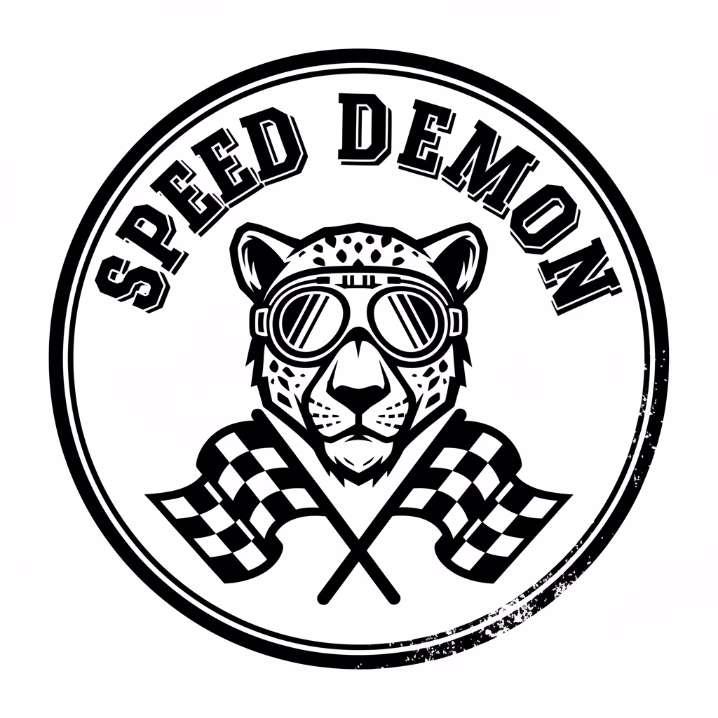 ビンテージレーシングクラブのスタンプを作成してください。\nテキスト：上部にアーチ状の「[SPEED DEMON]」。\n中央イラスト：[ゴーグルを着用したチーターの太字ベクターマスコット]。\n色：[黒]。\nスタイル：[スポーツチームのロゴの美学]。\n背景：[完全な白]。