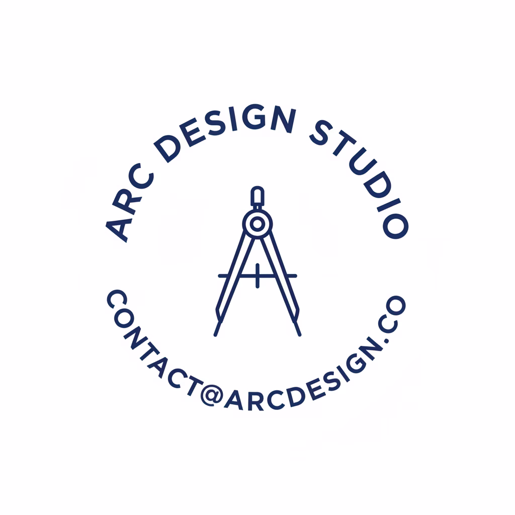 境界線、輪郭、囲い円のない、オープン・サークルレイアウトのスタンプマークをデザインしてください。\nテキスト：「[ARC DESIGN STUDIO]」を上部にカーブさせ、「[CONTACT@ARCDESIGN.