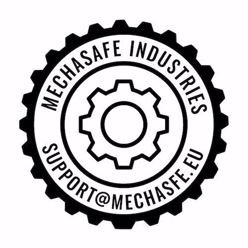 上部に「[MECHASAFE INDUSTRIES]」をアーチ状に、下部に「[SUPPORT@MECHASAFE.