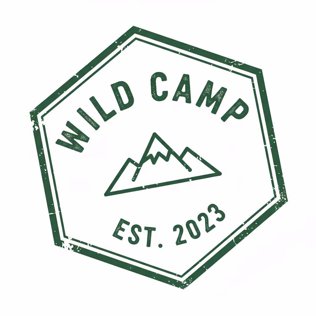 アウトドアアドベンチャーのバッジスタンプを作成してください。\nテキスト：「[WILD CAMP]」。\nアイコン：[シンプルなベクターの山頂]。\n形状：[六角形の枠]。\n色：[フォレストグリーン]。\nスタイル：[ボーイスカウトバッジの美学。幾何学的形状の角がわずかに丸みを帯びたスタンプインクの外観]。\n背景：[完全な白]。