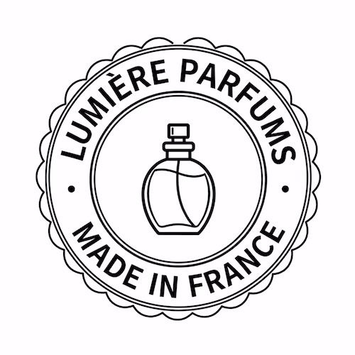 上部に「[LUMIÈRE PARFUMS]」、下部に「[MADE IN FRANCE]」を配置した円形スタンプを作成してください。\n中央：[小さな線画の香水瓶アイコン]。\n[クラシックなプロポーションのエレガントなセリフ体を使用してください]。\n枠線：[細い彫刻風の内線を持つスカラップエッジの枠]。\n背景：[完全な白]。
