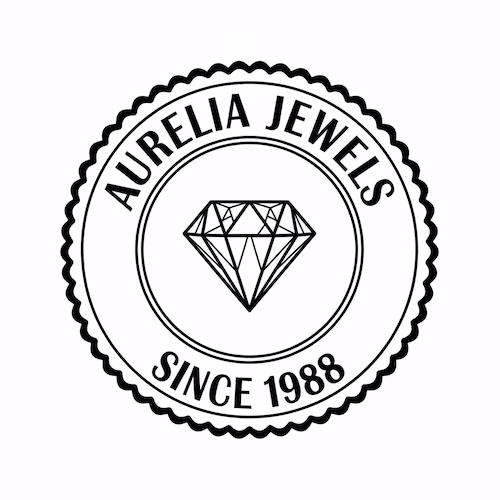 上部に「[AURELIA JEWELS]」、下部に「[SINCE 1988]」を配置したエレガントな円形スタンプをデザインしてください。\n中央：[微妙なディテールを持つ洗練されたダイヤモンドの輪郭アイコン]。\n[高コントラストなストロークのセリフ体を使用してください]。\n枠線：[洗練された彫刻スタイルの二重内線を持つスカラップ円形エッジ]。\n背景：[完全な白]。