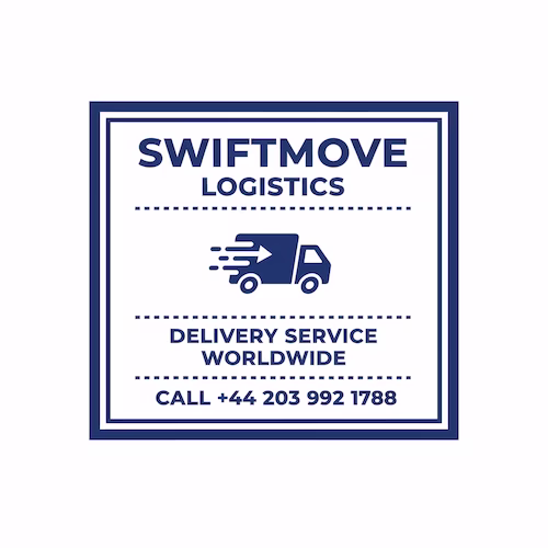 上部に「[SWIFTMOVE LOGISTICS]」、その下に「[DELIVERY SERVICE WORLDWIDE]」、最下部に「[CALL +44 203 992 1788]」を配置したモダンな正方形スタンプをデザインしてください。\n中央：[速度を表すミニマルなトラックと矢印のアイコン]。\n[幾何学的なサンセリフ体大文字を使用してください]。\n枠線：[構造のための内部破線分割線を持つ二重長方形枠]。\n色：[ディープブルーのインク]。\n背景：[完全な白]。