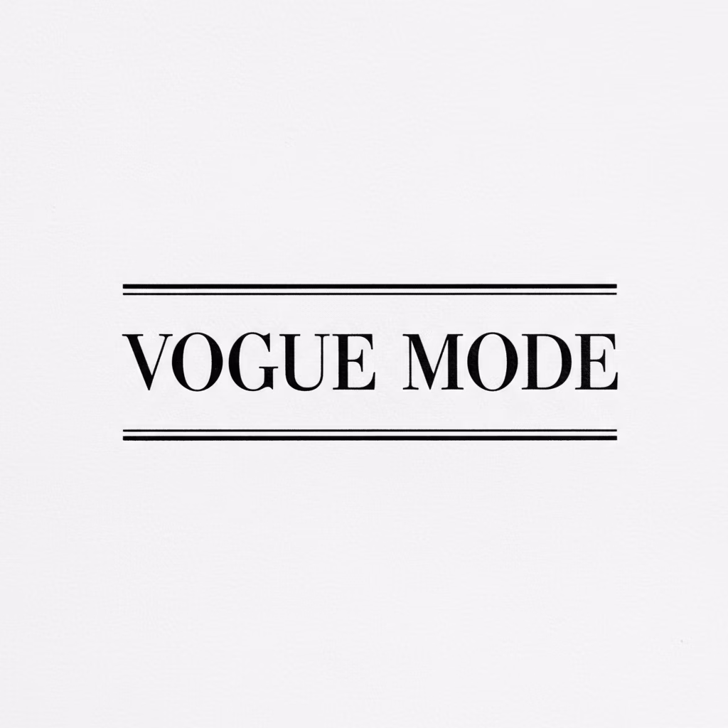 ハイエンドファッションブランドのマークをデザインしてください。\nテキスト：「[VOGUE MODE]」、エレガントなセリフ体、文字間隔を広く取る。\nレイアウト：[上下に細い横線を配置した水平レイアウト]。\nボックスなし。\n色：[黒]。\nスタイル：[高精細な活版印刷]。\n背景：[完全な白]。