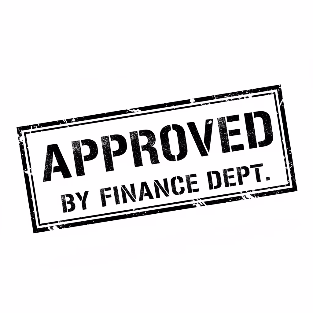 グランジ風の「APPROVED」オフィススタンプを作成してください。\nテキスト：中央に「[APPROVED]」（大きなステンシルフォント）、その下に小さく「[BY FINANCE DEPT]」。\n形状：[二重枠の長方形]。\n色：[色あせた黒]。\nスタイル：[使い古されたゴム印]。\n背景：[完全な白]。