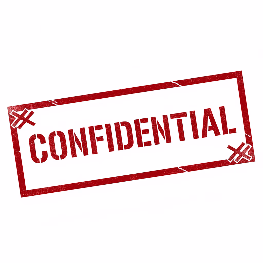 太字の「CONFIDENTIAL」警告スタンプをデザインしてください。\nテキスト：「[CONFIDENTIAL]」、四隅に対角線のハッチングが入った重厚な長方形枠内。\nフォント：[ミリタリーステンシル]。\n色：[クリムゾンレッド]。\nスタイル：[太字のステンシルインク印刷]。\n背景：[完全な白]。