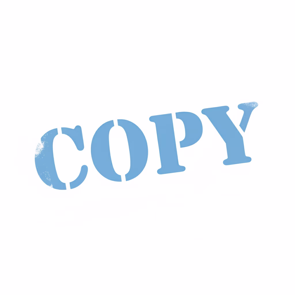 シンプルな「COPY」スタンプをデザインしてください。\nテキスト：「[COPY]」、太字のサンセリフ体大文字。\n枠線なし、テキストのみ。\n色：[ライトブルー]。\nスタイル：[素早く押したゴム印の印象]。\n背景：[完全な白]。