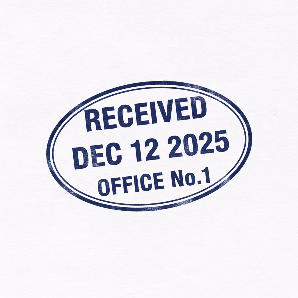 標準的な「RECEIVED」日付印を作成してください。\nテキスト：上部に「[RECEIVED]」、中央に「[DEC 12 2025]」、下部に「[OFFICE No.