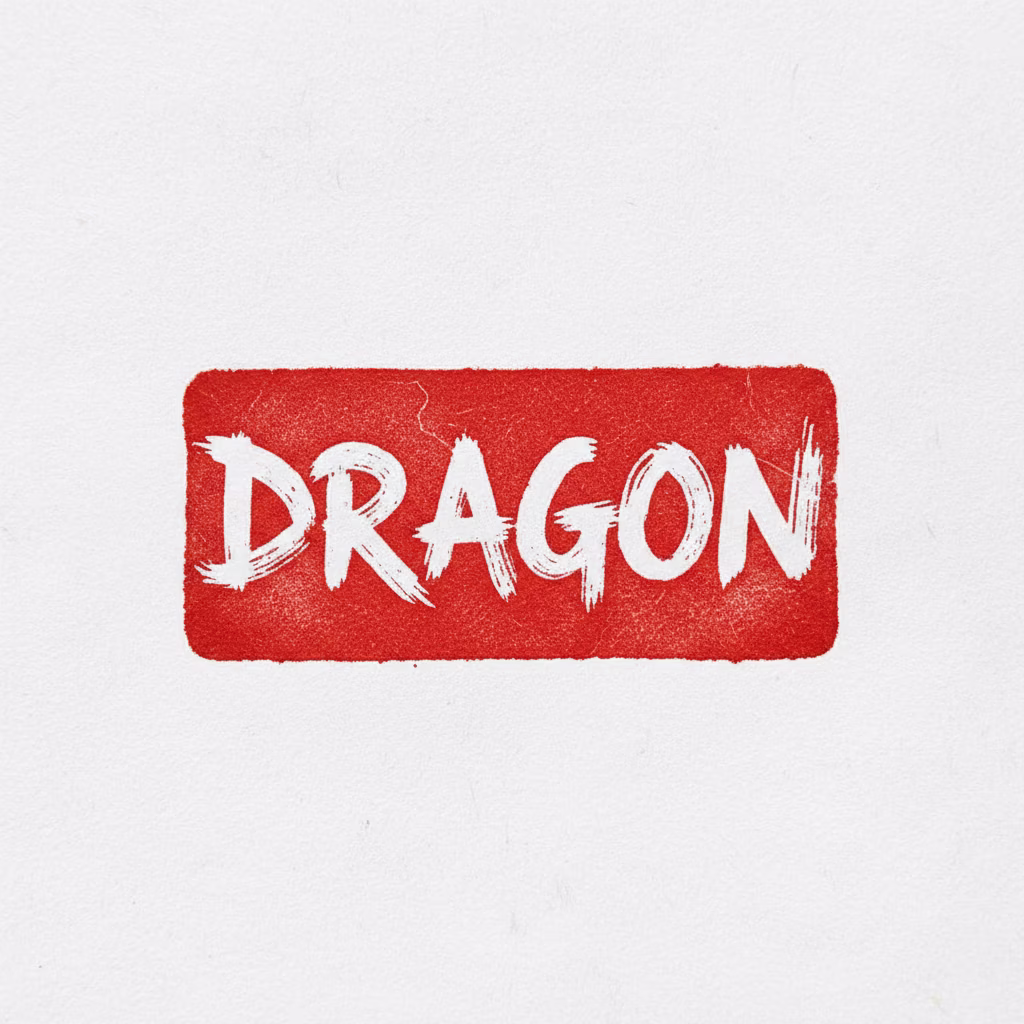 水平な長方形の石刻印のデザイン。\nテキスト：「[DRAGON]」（中央に配置、太い筆文字風の英フォント）。\n重要：英字のみを使用。\n[文字の幅に自然にフィットする、角が丸く摩耗した実線の長方形枠を使用]。\n色：[朱色（Cinnabar Red）]。\nスタイル：[白文（ネガティブスペース）]。\n背景：[完全な白]。