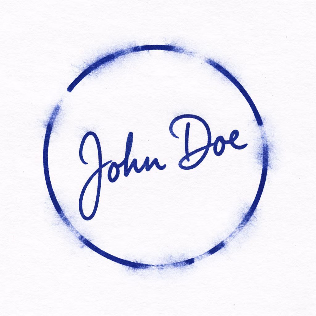 個人の署名スタンプをデザインしてください。\nテキスト：「[John Doe]」（太いマジックペンでの署名を模倣）。\n枠線なし。\n色：[ロイヤルブルー]。\nスタイル：[万年筆または濡れたインクの署名スタンプ。筆圧を模倣した線の太さの変化。線が交差する部分のインクの滲み]。\n背景：[完全な白]。
