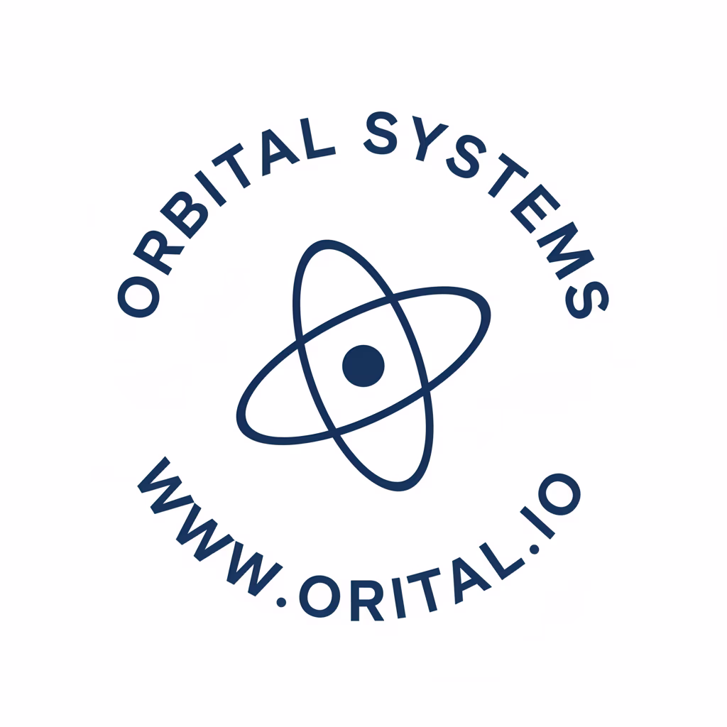 境界線、輪郭、外円のないモダンな円形スタンプデザインを作成してください。\nテキストレイアウト：「[ORBITAL SYSTEMS]」を上部に滑らかにアーチ状にし、「[WWW.
