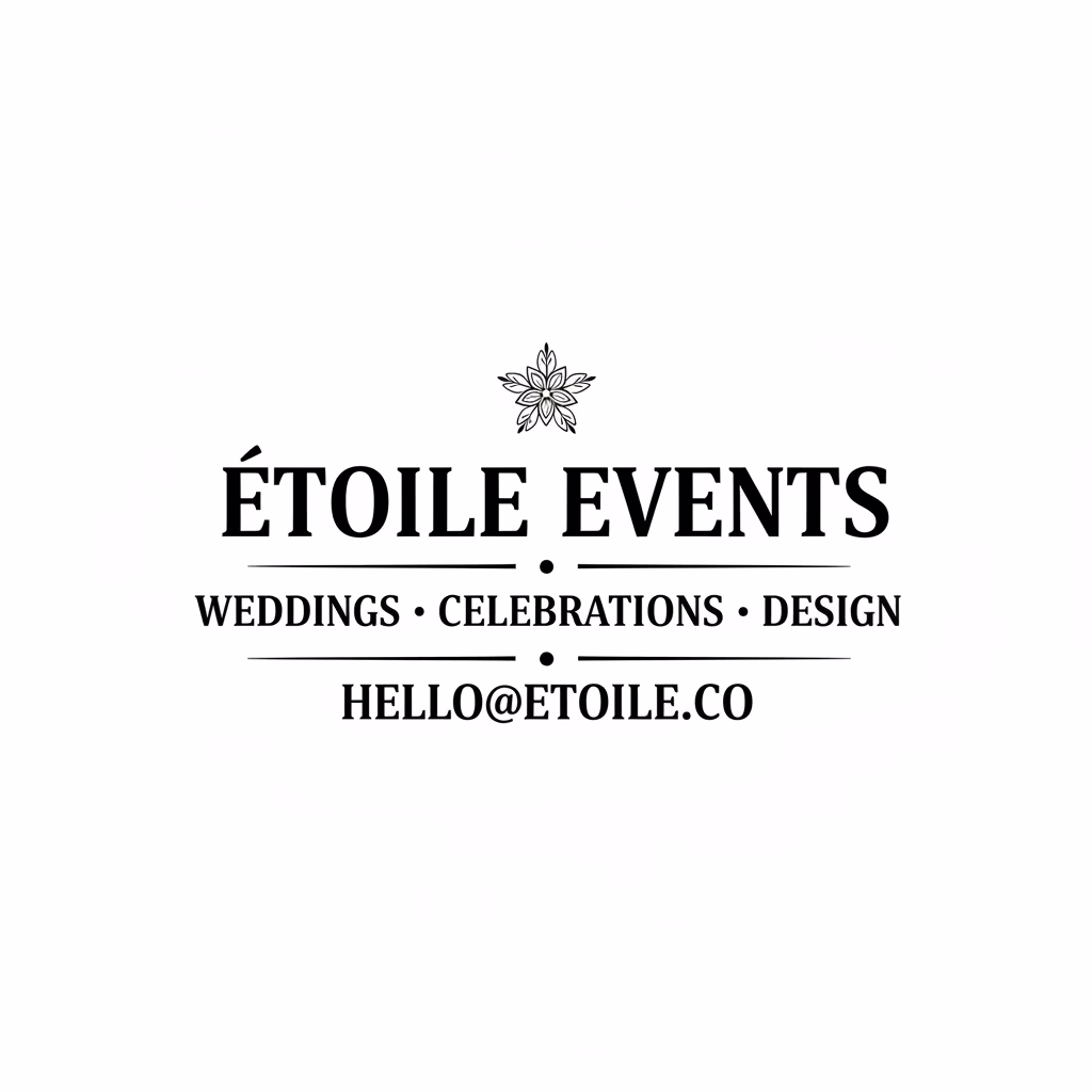 「[ÉTOILE EVENTS]」のためのエレガントなオープン・スクエアレイアウトのマークを作成し、洗練されたスタンプマークとして使用します。\nテキスト配置：1行目に「[ÉTOILE EVENTS]」、2行目に「[WEDDINGS · CELEBRATIONS · DESIGN]」、最下部に「[HELLO@ETOILE.